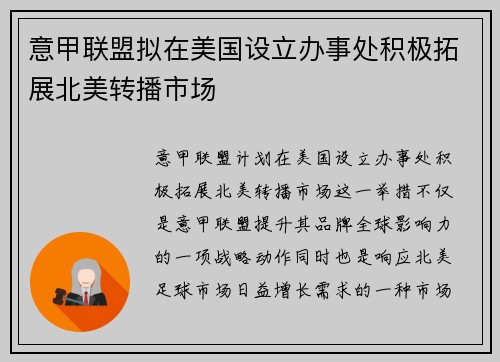 意甲联盟拟在美国设立办事处积极拓展北美转播市场